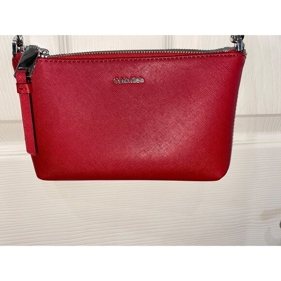 Calvin Klein Red Saffiano Leather Crossbody Bag With Silver Chain Strap - Picture 9 of 9